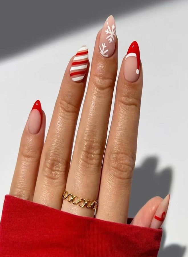 WAFOLOZE Christmas Nails - Short Almond Press On Nails Red French Fake Nails With Bow Stripes Designs Acrylic Artificial Glue On False Nail Press Ons Stick On Nail for Women Girls - Image 1